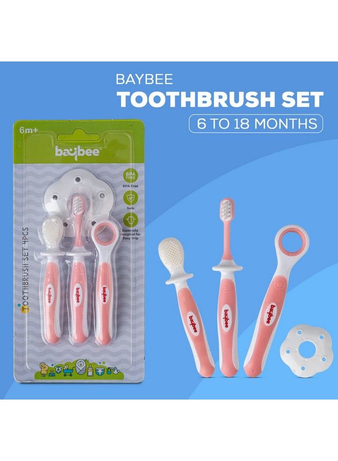 Soft Silicone Baby Toothbrush Set Bpa Free Baby Training Toothbrush Set With Anti Chock Shield Tongue Cleaner ; Baby Kids Toothbrush ; Infant Baby Brush Toothbrush Set For 6+ Months (Pink)