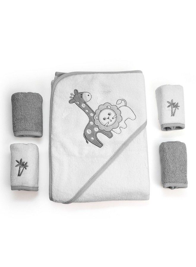 Baby Cotton Terry Hooded Towel & Washcloth Bath Shower Set For Newborns And Infants Gray Lion