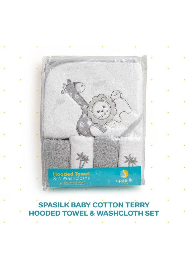 Baby Cotton Terry Hooded Towel & Washcloth Bath Shower Set For Newborns And Infants Gray Lion