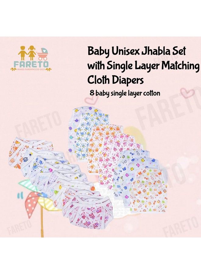 New Born Baby Unisex Jhabla Set With Single Layer Matching Cloth Diapers;Vest Set With Indian Style Tying Langots;Nappy Set Of 8(8 Jhablas & 8 Nappies)(0 6 Monthssize L 12 Inchs B 10 Inchs)