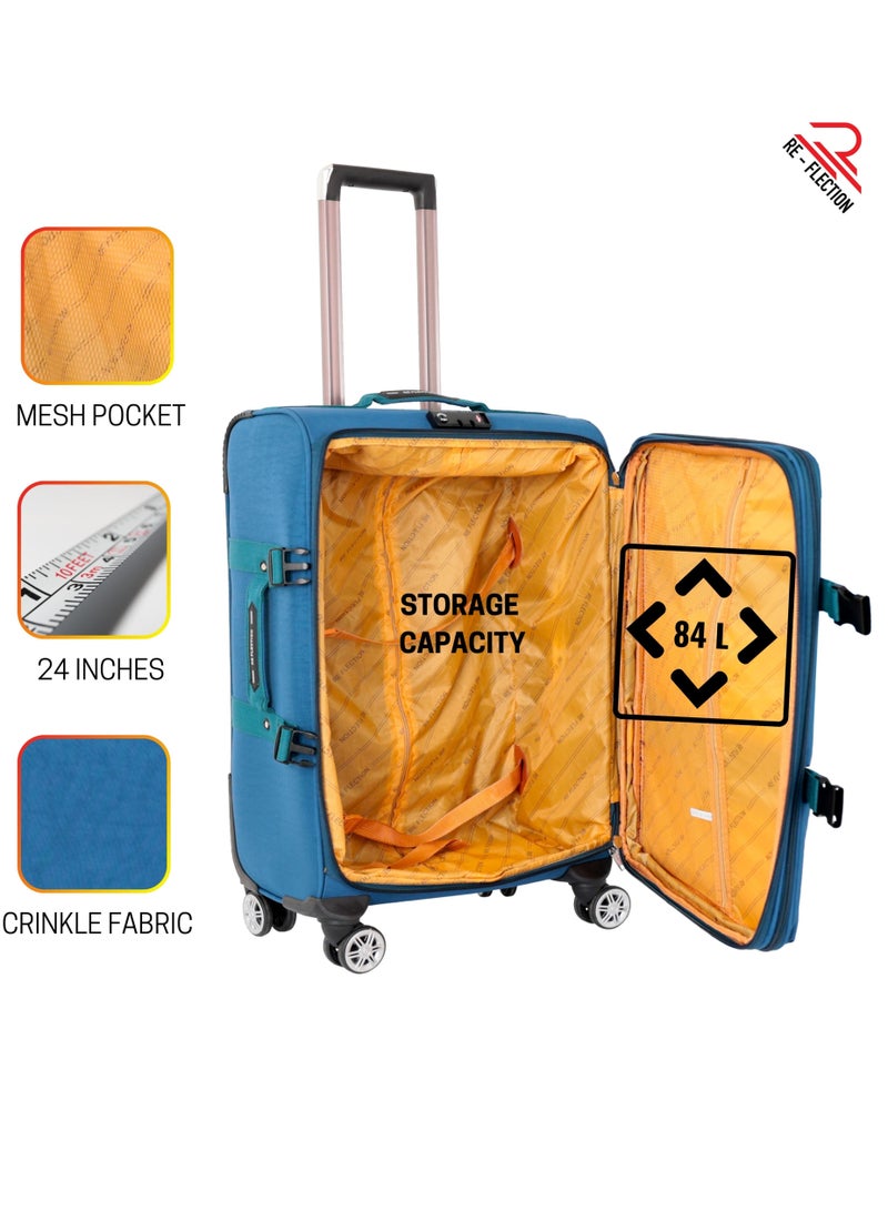 Reflection 24 Inch Crinkle Carry-on Suitcase Lightweight Vertical Series Travel Soft Luggage Trolley with 84L Storage Capacity and 4 Spinner Wheels Blue