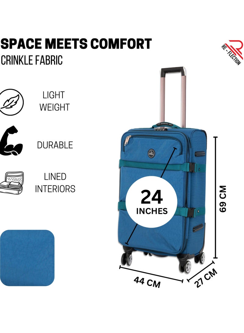 Reflection 24 Inch Crinkle Carry-on Suitcase Lightweight Vertical Series Travel Soft Luggage Trolley with 84L Storage Capacity and 4 Spinner Wheels Blue