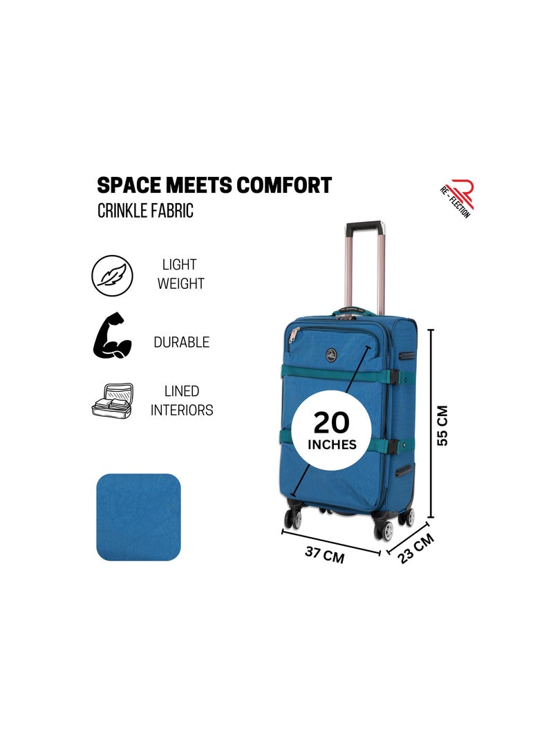 Reflection 20 Inch Crinkle Carryon Suitcase Lightweight Vertical Series Travel Soft Luggage Trolley with 36L Storage Capacity and 4 Spinner Wheels Teal Blue