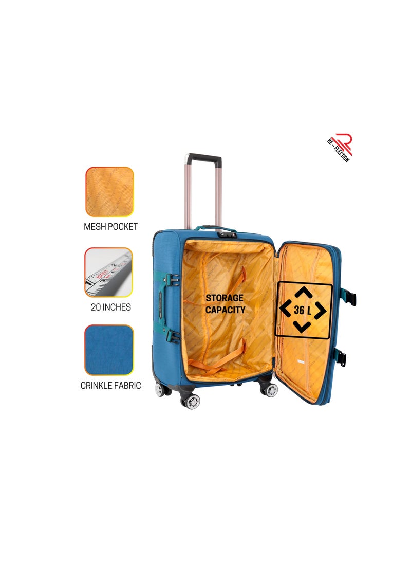 Reflection 20 Inch Crinkle Carryon Suitcase Lightweight Vertical Series Travel Soft Luggage Trolley with 36L Storage Capacity and 4 Spinner Wheels Teal Blue