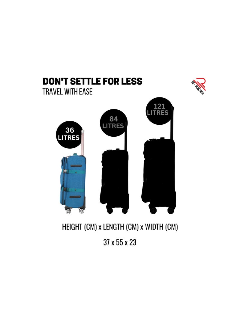 Reflection 20 Inch Crinkle Carryon Suitcase Lightweight Vertical Series Travel Soft Luggage Trolley with 36L Storage Capacity and 4 Spinner Wheels Teal Blue