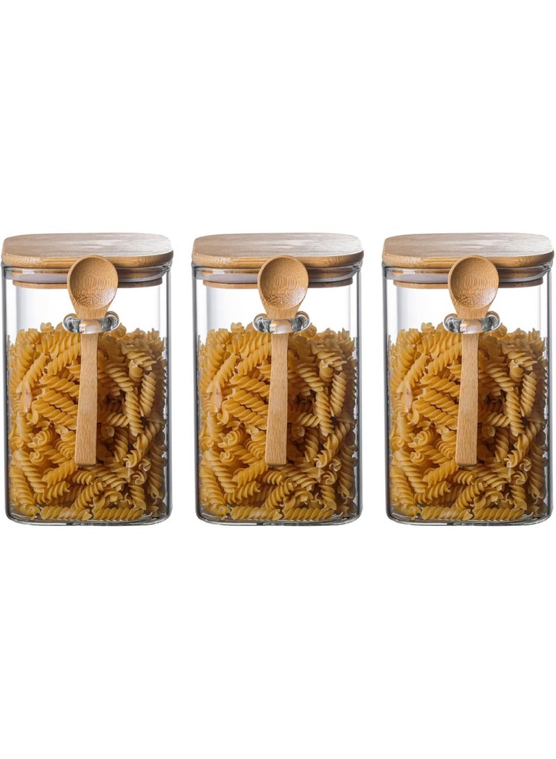 Glass Storage Jar with Bamboo Lids and bamboo Spoon,Set of 3 Airtight Food Jars Kitchen Food Storage Containers with Scoop For Serving Tea, Coffee, Flour, Sugar, Candy, Cookie, Spice (1000ml)