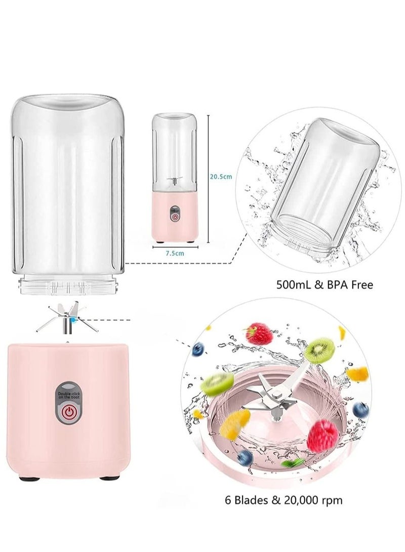 Powerful Mini Blender with 6 Blades,Portable USB Rechargeable Fruit Juice Mixer, Personal Size for Smoothies and Shakes Juicer Cup Travel 500ML,Fruit Juice, Milk