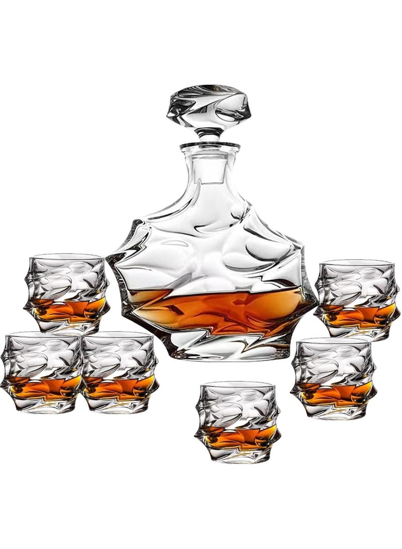 Whiskey Decanter Set with Classical Italian Crafted Crystal Whiskey Carafe Non Lead Whiskey Dispenser for Scotch Bourbon Cognac (1 Decanter & 6 Glasses Set)