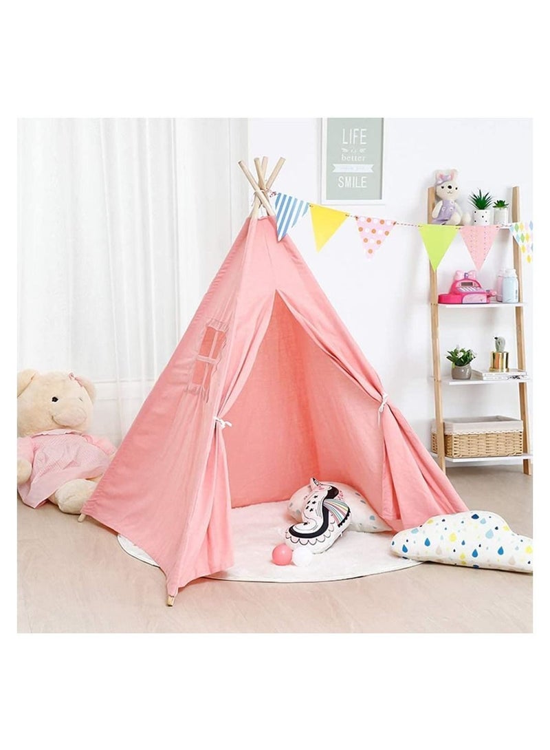 Kids Teepee, Play Tent Foldable Canvas Playhouse Portable Teepee for to Indoor and Outdoor Made of 1.6m Platane Wood Support Linen Fabric (Pink)