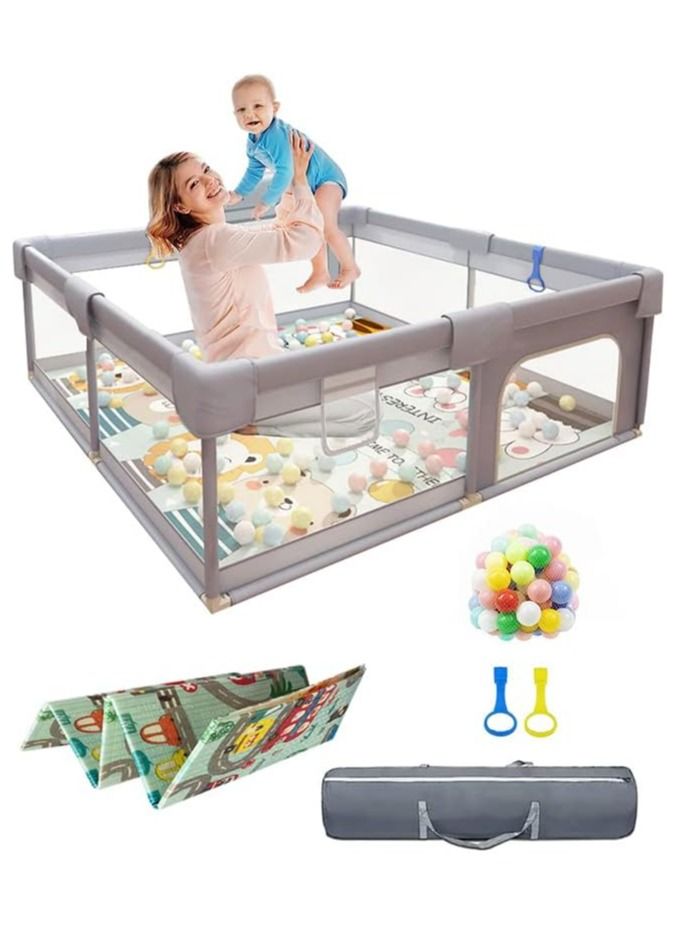 Baby Playpen,Baby playards with play mat for Toddlers,Toddler Fence with Anti-Slip Suckers,Portable Activity Center with Balls(Grey)