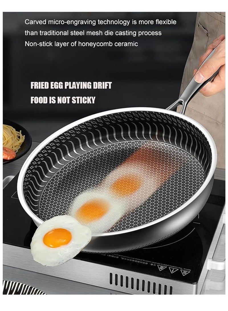 Deep heavy duty Deep fry pan vegetable fried chinese food fry pan stainless steel wok with handle non-stick frying pan honeycomb utensil safe pan without oil smoke(28cm, 304 stainless steel pot)