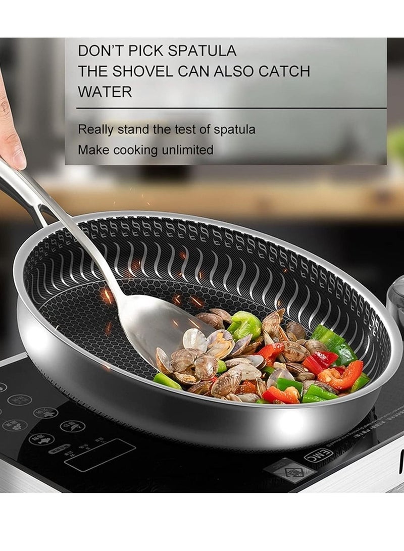 Deep heavy duty Deep fry pan vegetable fried chinese food fry pan stainless steel wok with handle non-stick frying pan honeycomb utensil safe pan without oil smoke(28cm, 304 stainless steel pot)