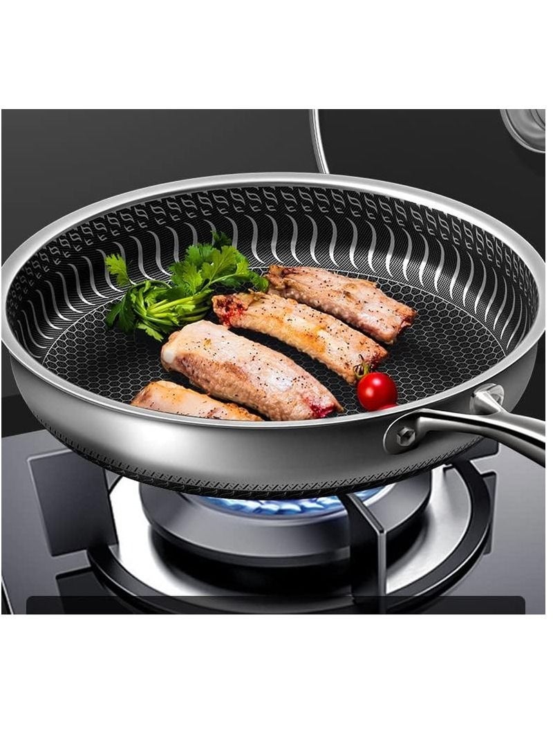 Deep heavy duty Deep fry pan vegetable fried chinese food fry pan stainless steel wok with handle non-stick frying pan honeycomb utensil safe pan without oil smoke(28cm, 304 stainless steel pot)