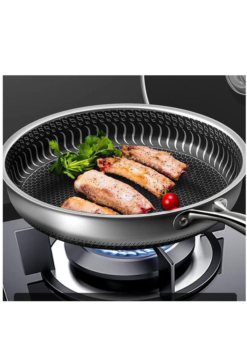 Deep heavy duty Deep fry pan vegetable fried chinese food fry pan stainless steel wok with handle non-stick frying pan honeycomb utensil safe pan without oil smoke(26cm, 304 stainless steel pot)