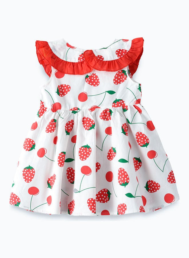 Strawberry Printed Knee Length Dress With Small Bag White/Red