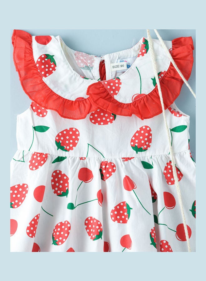 Strawberry Printed Knee Length Dress With Small Bag White/Red