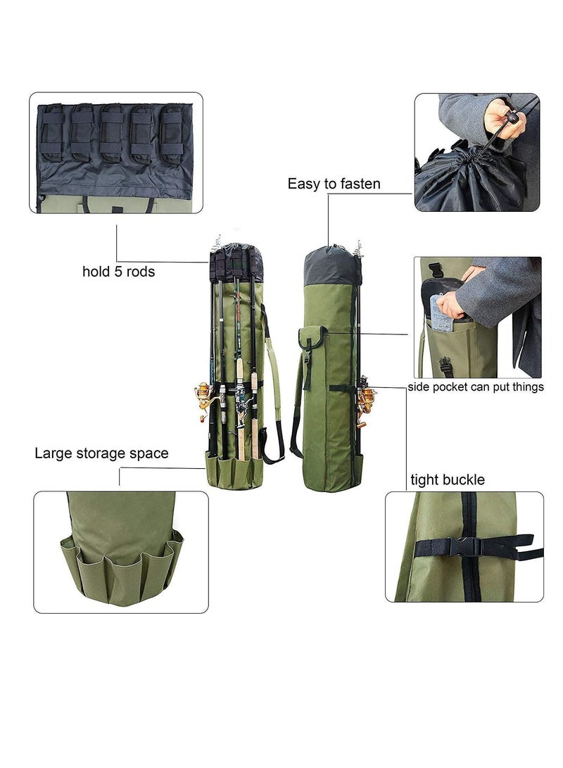 Durable Canvas Fishing Rod & Reel Organizer Bag Travel Carry Case Bag- Holds 5 Poles & Tackle