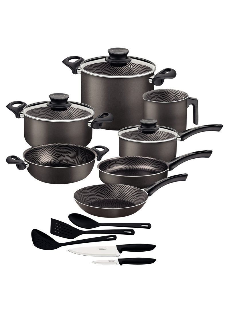 Since 1911,Made in Brazil- Paris 15 Pieces Lead Colored Aluminum Cookware Set with Interior and Exterior Starflon Max PFOA Free Nonstick Coating