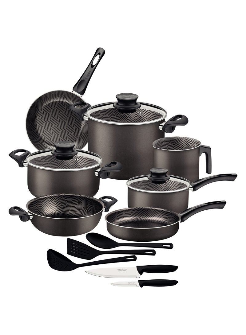 Since 1911,Made in Brazil- Paris 15 Pieces Lead Colored Aluminum Cookware Set with Interior and Exterior Starflon Max PFOA Free Nonstick Coating