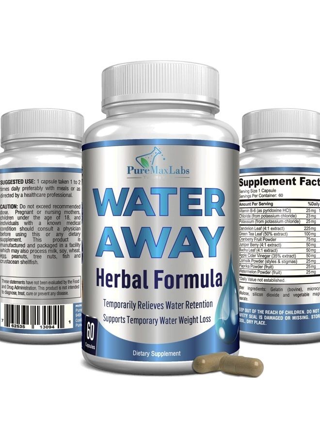Water Away Gentle Herbal Diuretic - Natural Diuretic Water Pills - Relieve Bloating, Reduce Excess Water Weight with Dandelion Leaf, Green Tea, Detox Cleanse & Urinary Health. Non-GMO, 60 Capsules