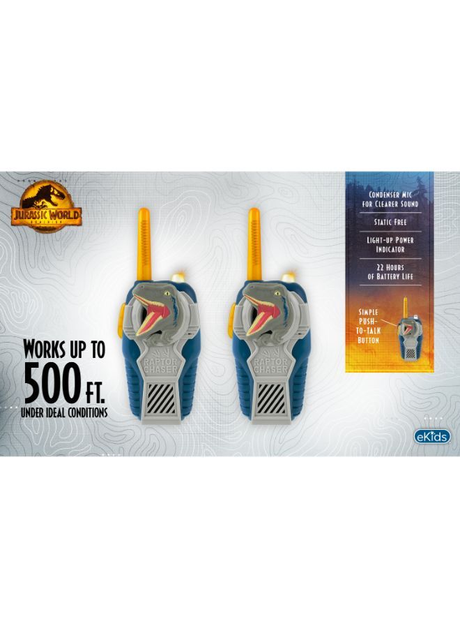 KIDdesigns FRS Walkie Talkies|Static-Free Clear Sound, Powerful Extended Range up to 500ft - Jurassic World Dominion