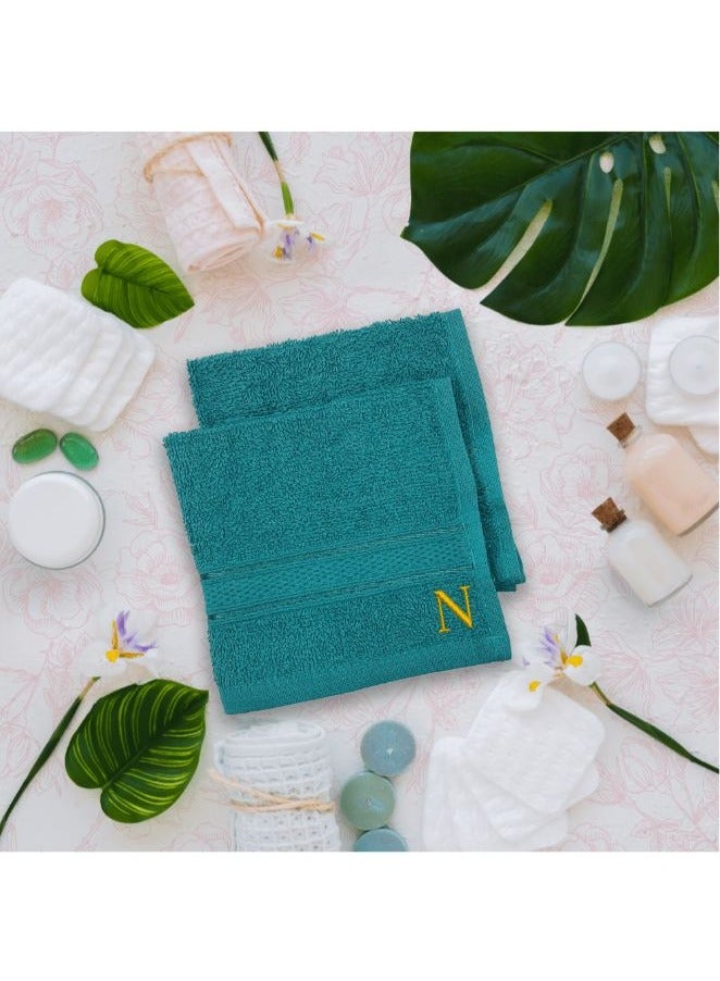 Daffodil (Turquoise Blue) Monogrammed Face Towel (30 x 30 Cm - Set of 6) 100% Cotton, Absorbent and Quick dry, High Quality Bath Linen- 500 Gsm Golden Thread Letter 