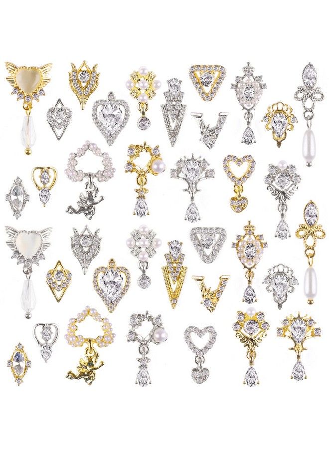36 Pcs Luxury Nail Art Rhinestone Torokom 3D Dangle Nail Art Charms Gold Silver Heart Pearl Crystal Gems Nail Diamond For Girl Women Diy Nail Design Craft Jewelry Making