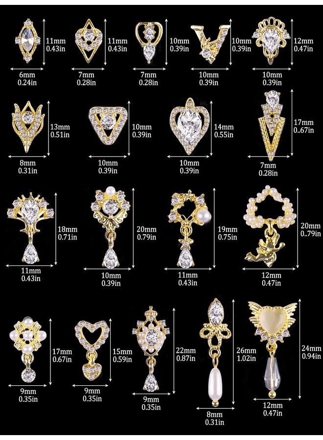 36 Pcs Luxury Nail Art Rhinestone Torokom 3D Dangle Nail Art Charms Gold Silver Heart Pearl Crystal Gems Nail Diamond For Girl Women Diy Nail Design Craft Jewelry Making