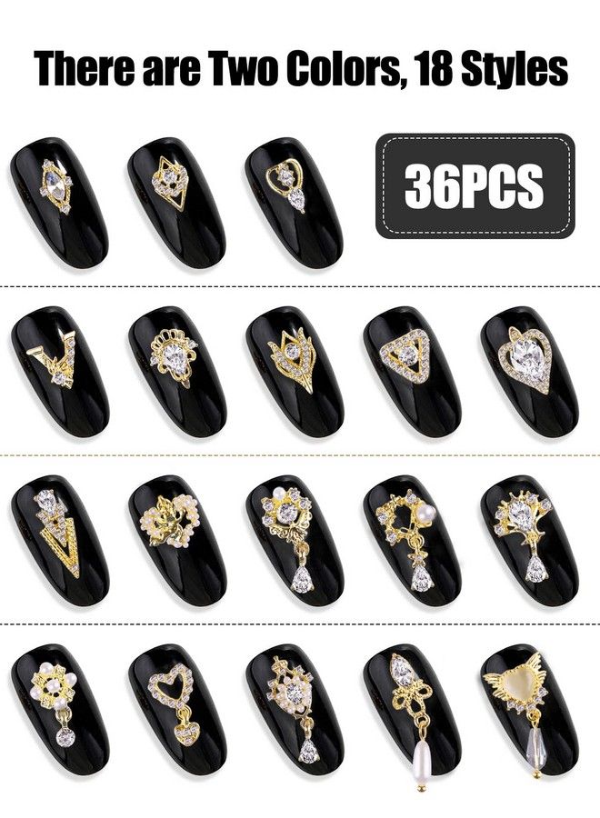 36 Pcs Luxury Nail Art Rhinestone Torokom 3D Dangle Nail Art Charms Gold Silver Heart Pearl Crystal Gems Nail Diamond For Girl Women Diy Nail Design Craft Jewelry Making
