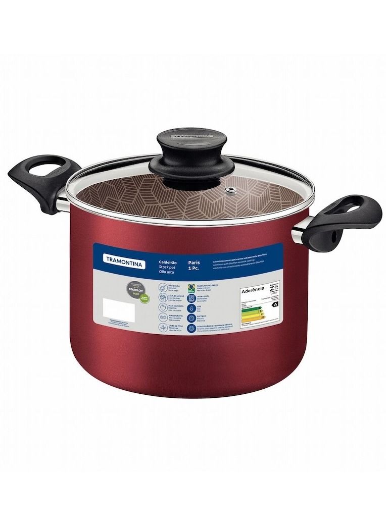 Since 1911,Made in Brazil- Paris Red Aluminum 26cm Stock Pot with Interior and Exterior Starflon Max Red PFOA Free Nonstick Coating,