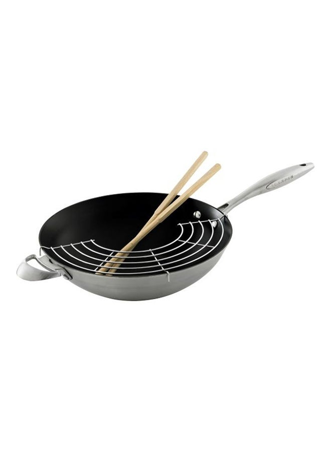 Wok with Rack And Sticks Black/Silver 32cm