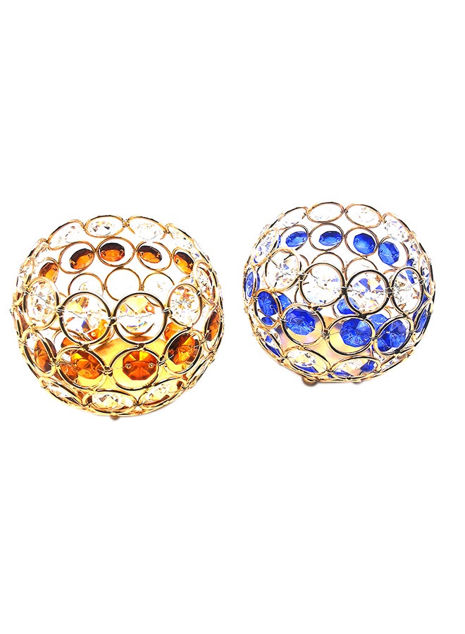 Pack Of 2 Crystal Round Hanging Candle Holder Gold/Blue/Orange 9x7cm