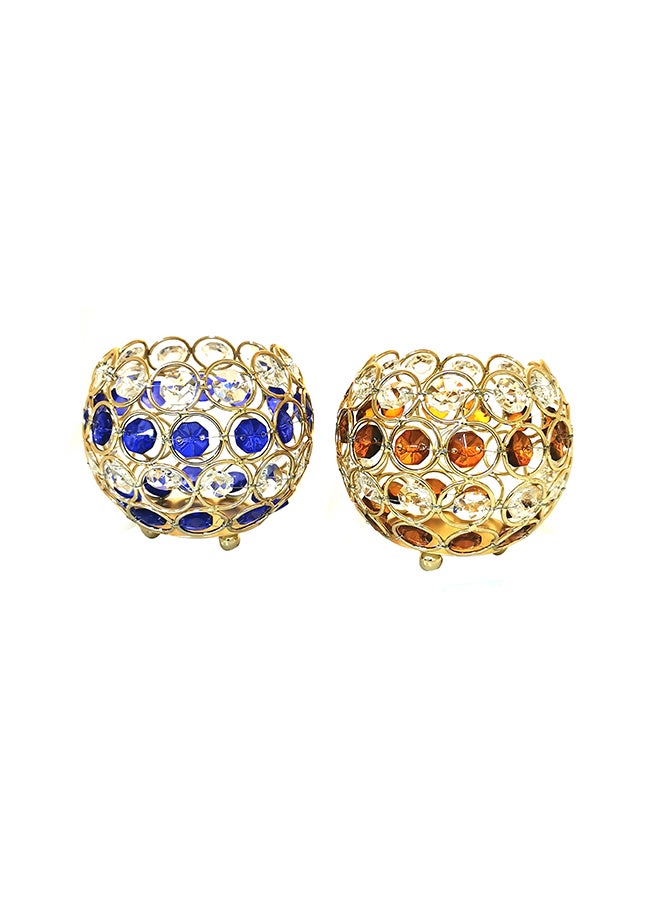 Pack Of 2 Crystal Round Hanging Candle Holder Gold/Blue/Orange 9x7cm