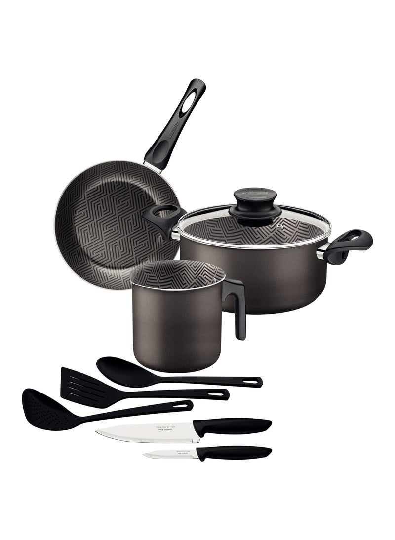 Since 1911,Made in Brazil- Paris 9 Pieces Lead Colored Aluminum Cookware Set with Interior and Exterior Starflon Max PFOA Free Nonstick Coating