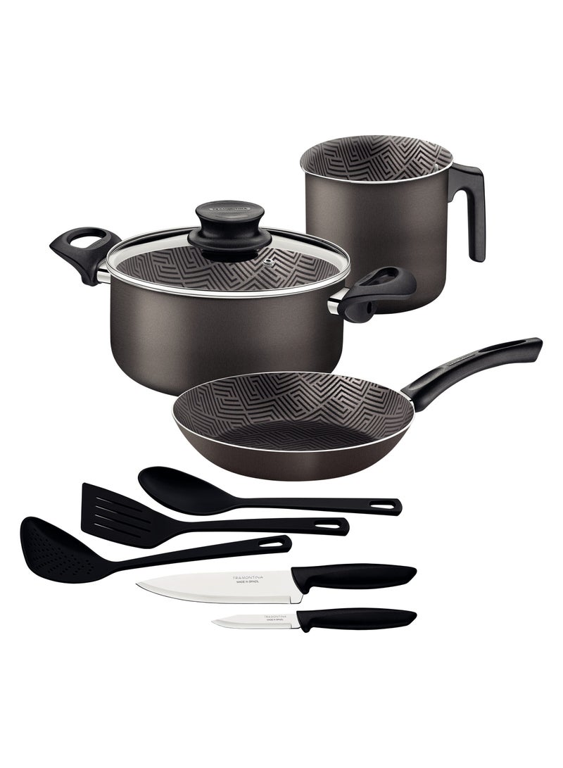 Since 1911,Made in Brazil- Paris 9 Pieces Lead Colored Aluminum Cookware Set with Interior and Exterior Starflon Max PFOA Free Nonstick Coating