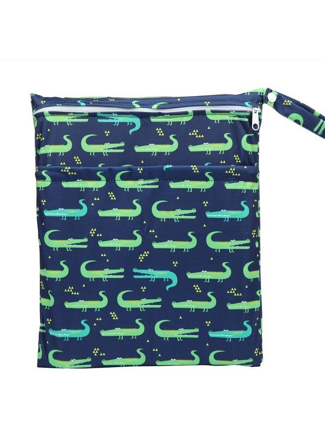Wet Bag Baby Cloth Diaper Nappy Insert Bag Washable Two Zippered Pockets Boys (Green Crocodiles)