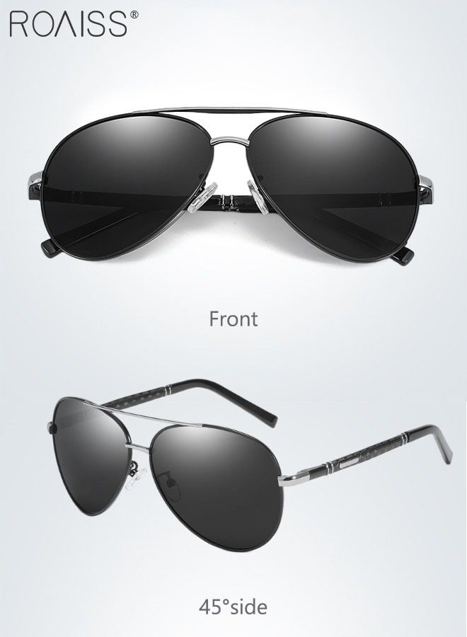 Men's Aviator Polarized Sunglasses, UV400 Protection Sun Glasses with Metal Frame, Fashion Anti-Glare Sun Shades for Men Driving, Fishing, Traveling, Black Silver, 62mm