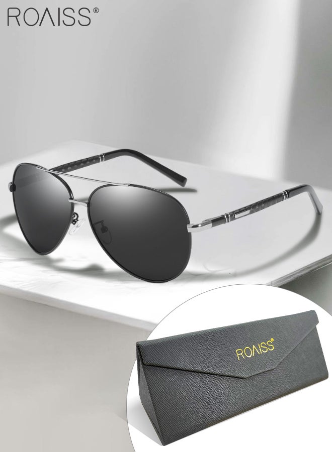 Men's Aviator Polarized Sunglasses, UV400 Protection Sun Glasses with Metal Frame, Fashion Anti-Glare Sun Shades for Men Driving, Fishing, Traveling, Black Silver, 62mm