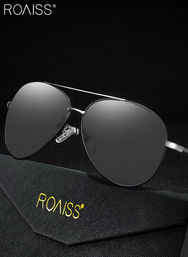 Men's Aviator Polarized Sunglasses, UV400 Protection Sun Glasses with Metal Frame, Fashion Anti-Glare Sun Shades for Men Driving, Fishing, Traveling, Black Silver, 62mm