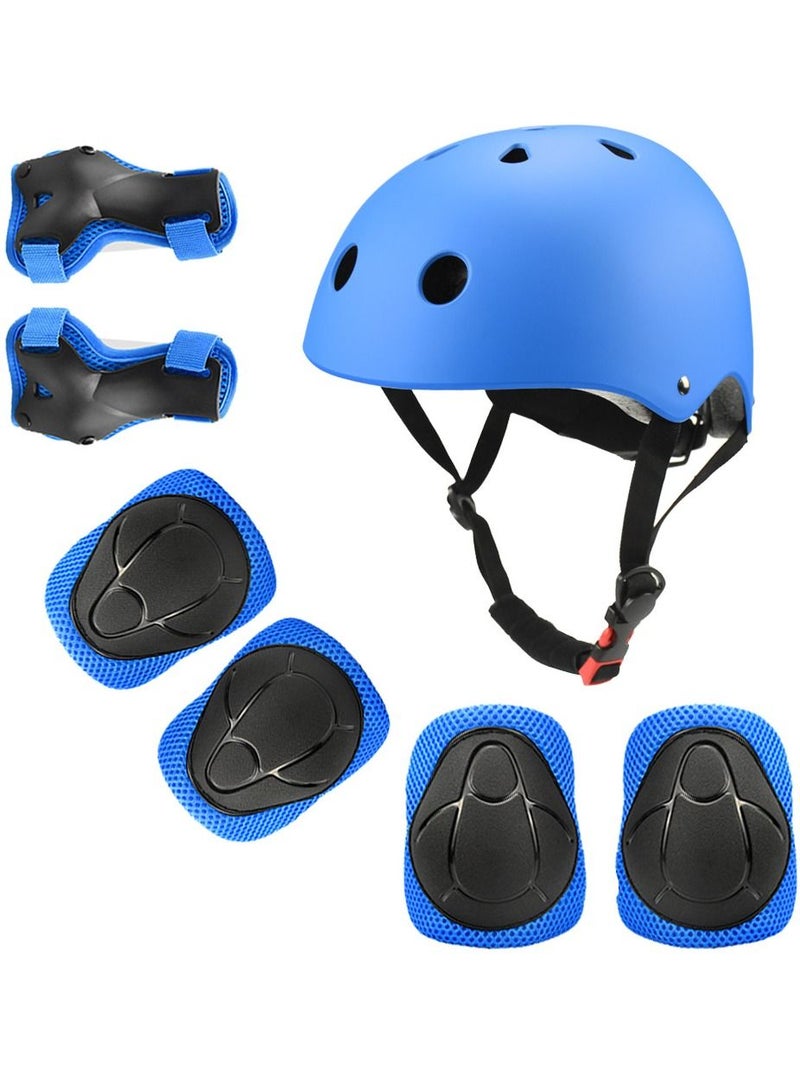 Roller skating protective gear children's helmet set of riding elbow wristband skateboard skates balance bike helmet knee pads 7 pcs - Blue