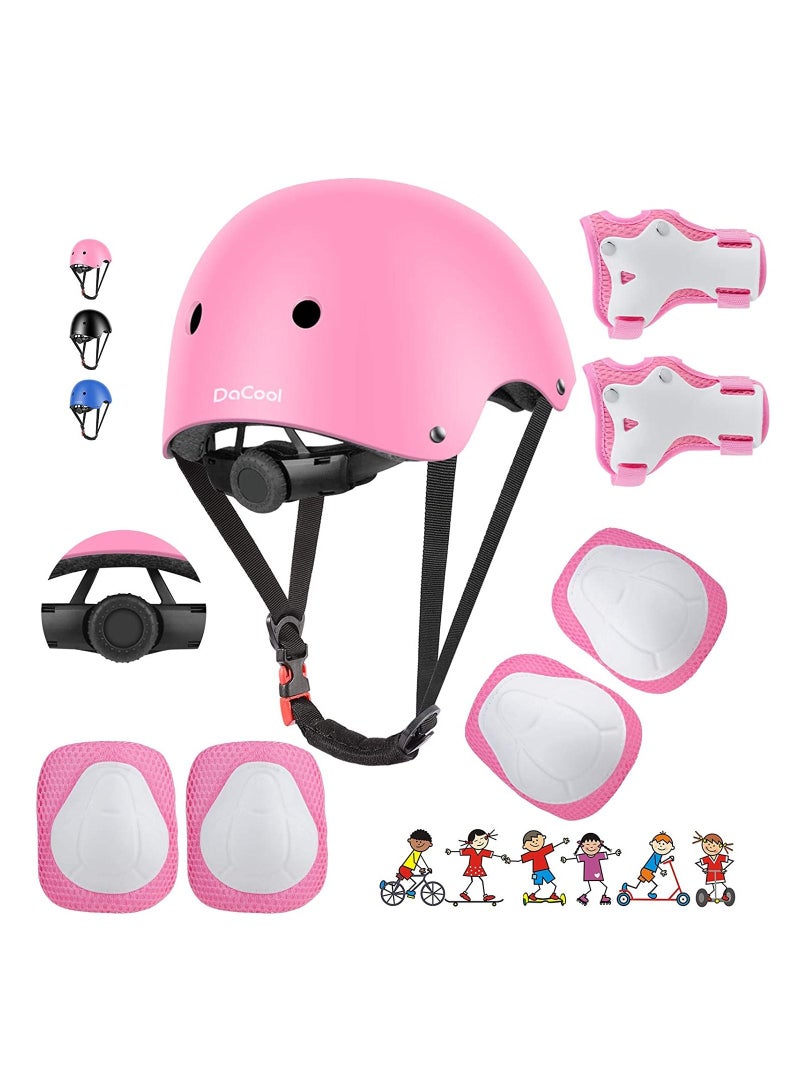 Roller skating protective gear children's helmet set of riding elbow wristband skateboard skates balance bike helmet knee pads 7 pcs - pink