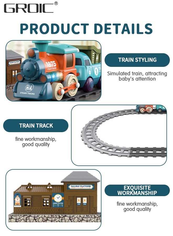 17 PCS Electric Train Toys with Light and Music, Cartoon Engineering Rail Car Locomotive Train Magnetic Connection Engineering Swing, Motorized Train Accessories with Sound Track Toy Car