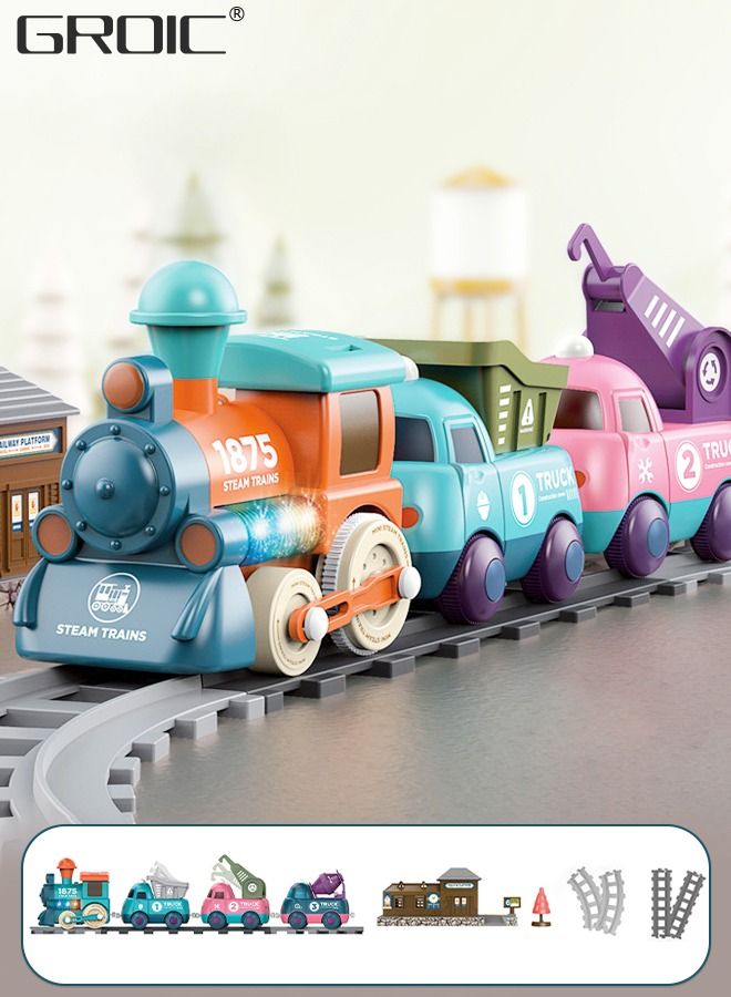 17 PCS Electric Train Toys with Light and Music, Cartoon Engineering Rail Car Locomotive Train Magnetic Connection Engineering Swing, Motorized Train Accessories with Sound Track Toy Car