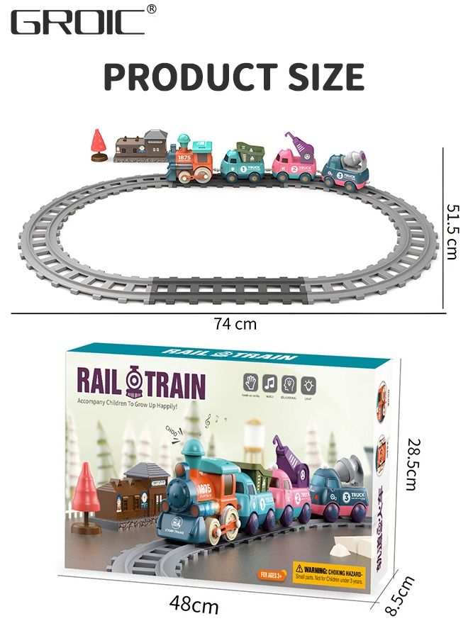 17 PCS Electric Train Toys with Light and Music, Cartoon Engineering Rail Car Locomotive Train Magnetic Connection Engineering Swing, Motorized Train Accessories with Sound Track Toy Car