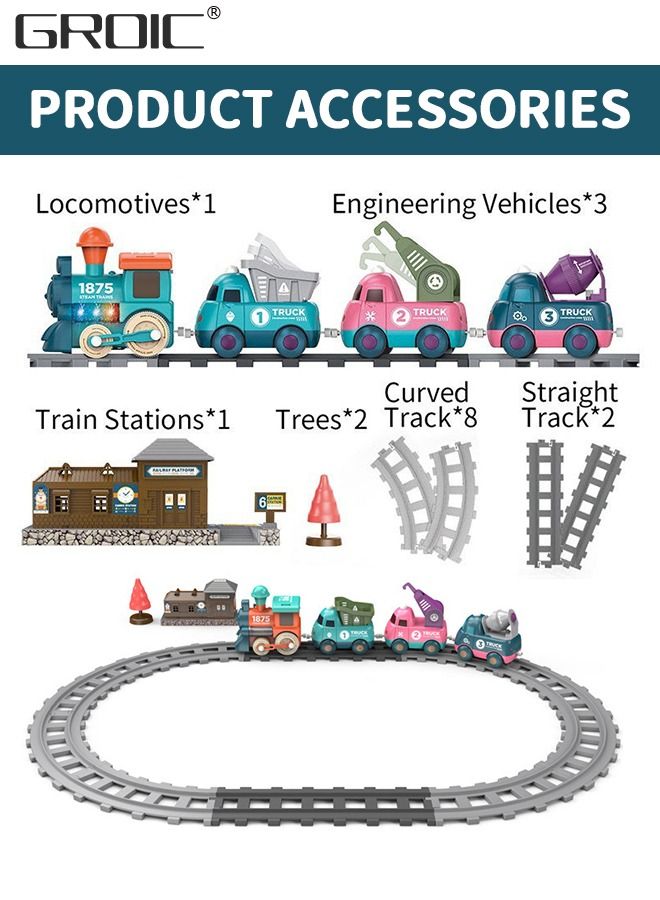 17 PCS Electric Train Toys with Light and Music, Cartoon Engineering Rail Car Locomotive Train Magnetic Connection Engineering Swing, Motorized Train Accessories with Sound Track Toy Car