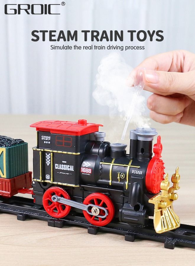 Steam Train Set Electric Train Track Set, Toy Train Set with Steam, Tracks, Lights & Sounds, Steam Locomotive Engine, Train Carriages, Cargo Cars Steam Train Toy Gift for Kids