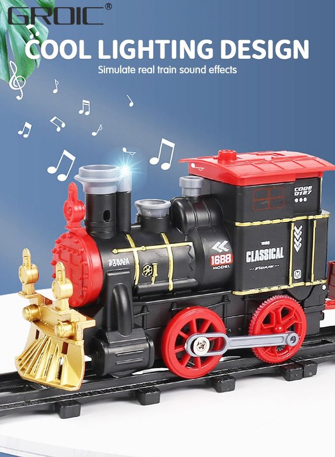 Steam Train Set Electric Train Track Set, Toy Train Set with Steam, Tracks, Lights & Sounds, Steam Locomotive Engine, Train Carriages, Cargo Cars Steam Train Toy Gift for Kids