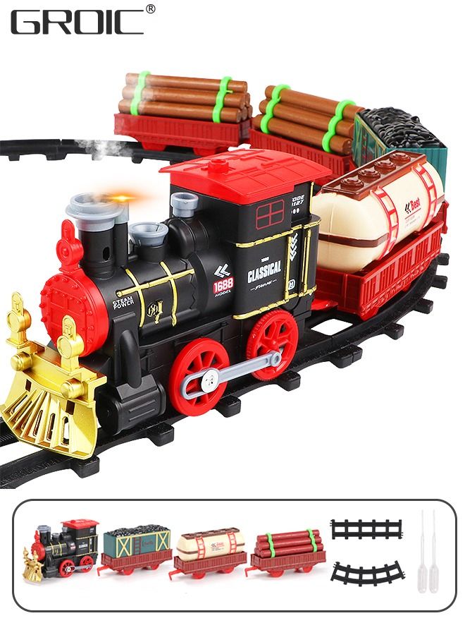 Steam Train Set Electric Train Track Set, Toy Train Set with Steam, Tracks, Lights & Sounds, Steam Locomotive Engine, Train Carriages, Cargo Cars Steam Train Toy Gift for Kids