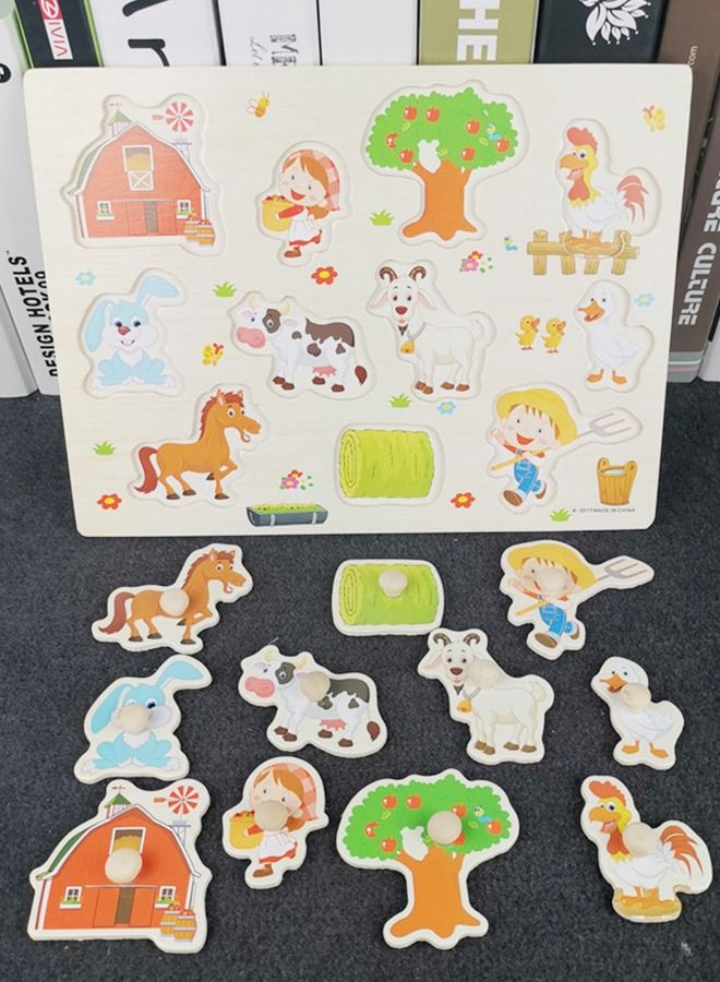 Wooden Puzzles Set，Fruits, Farm and Animals Learning Wooden Puzzles Board for Kids, Preschool Educational Puzzles Activity Toys