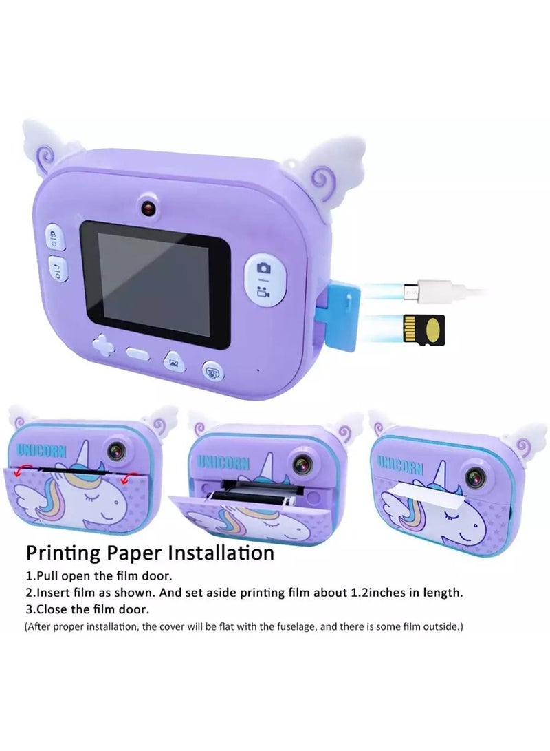 Kids Instant Print Digital Camera for HD Color Selfie and Video with Paper Purple